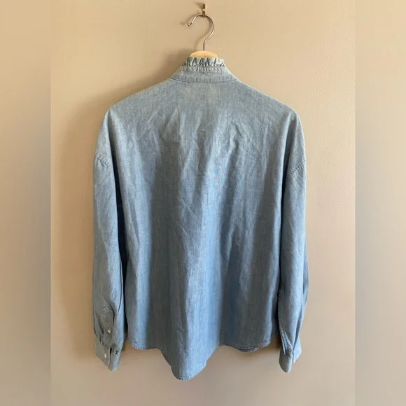 Lauren Ralph Lauren Black Label Button Shirt Women L Cotton Blue Ruffle Romantic - Picture 9 of 9